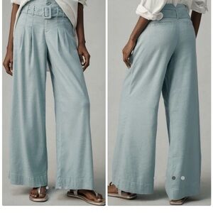 Anthropologie Linen Belted Wide-Leg Pants in Blue